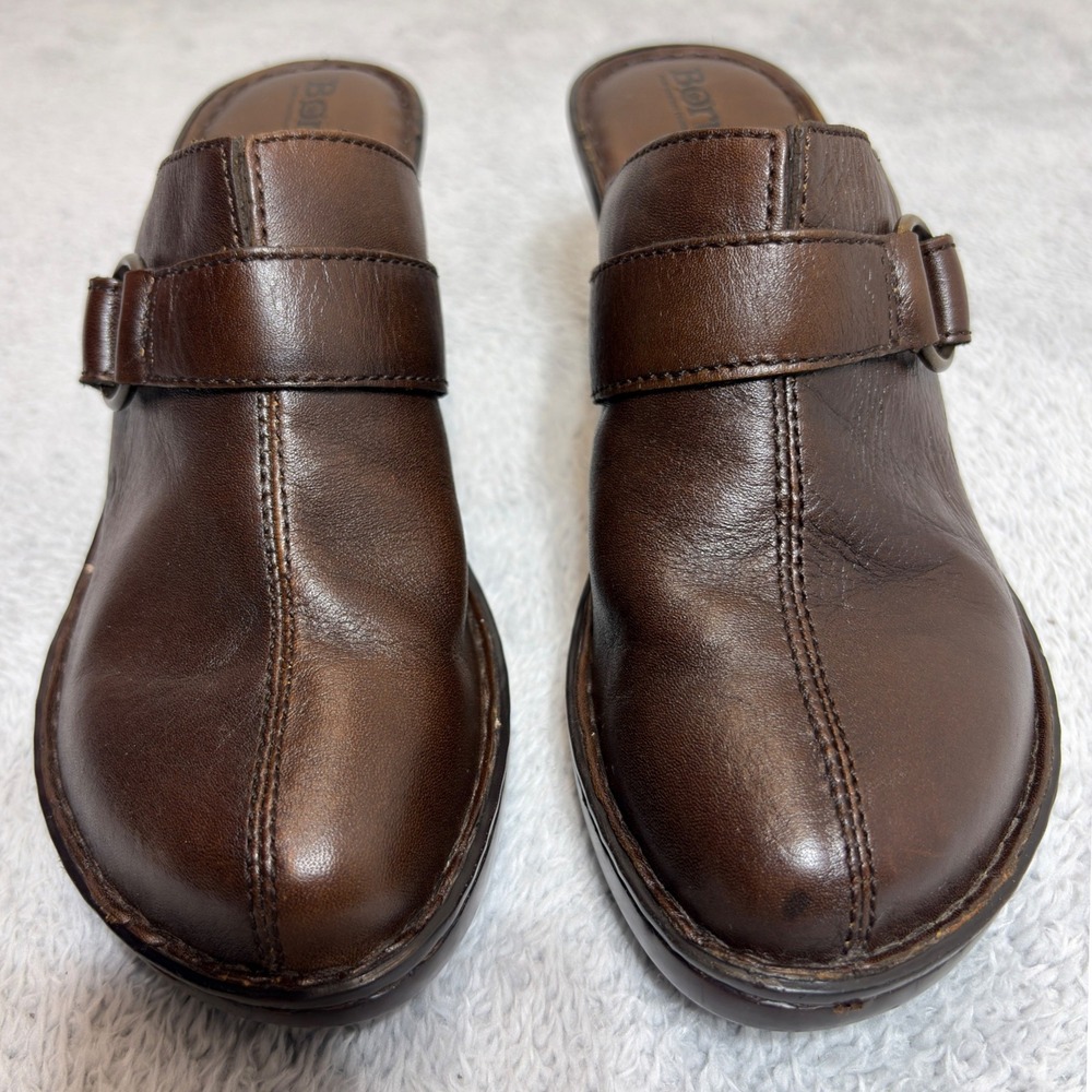 Born Clogs Women 10M Brown Leather Slip On Wedge Mules Buckle Strap W6463 H7